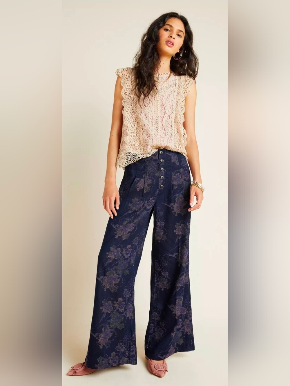 Anthropologie Women Pilcro Metallic Ultra High-Rise Wide-Leg Pant Floral Size 26